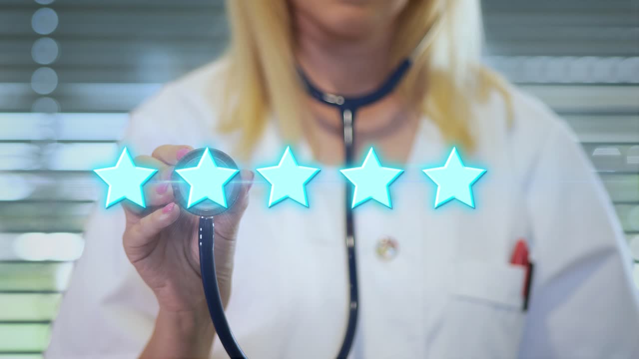 Caucasian Doctor With Stethoscope Given Digital 5 Star Rating By Patient - Medical Review. - animation