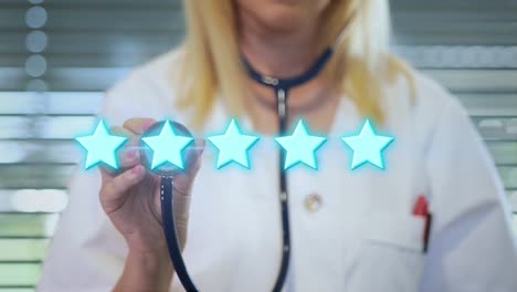 caucasian doctor with stethoscope given digital 5 star rating by patient - medical review. - animation