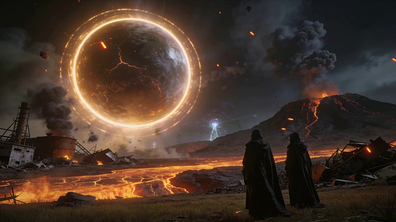 Observant deux silhouettes encapuchonnées réagissant après la pulsation d'un orbe au-dessus d'un champ de lave, des braises tombant.