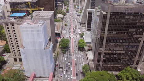 famous avenida paulista street in brazil, the main road of sao paulo- tilting aerial shot of busy street on a sunny afternoon