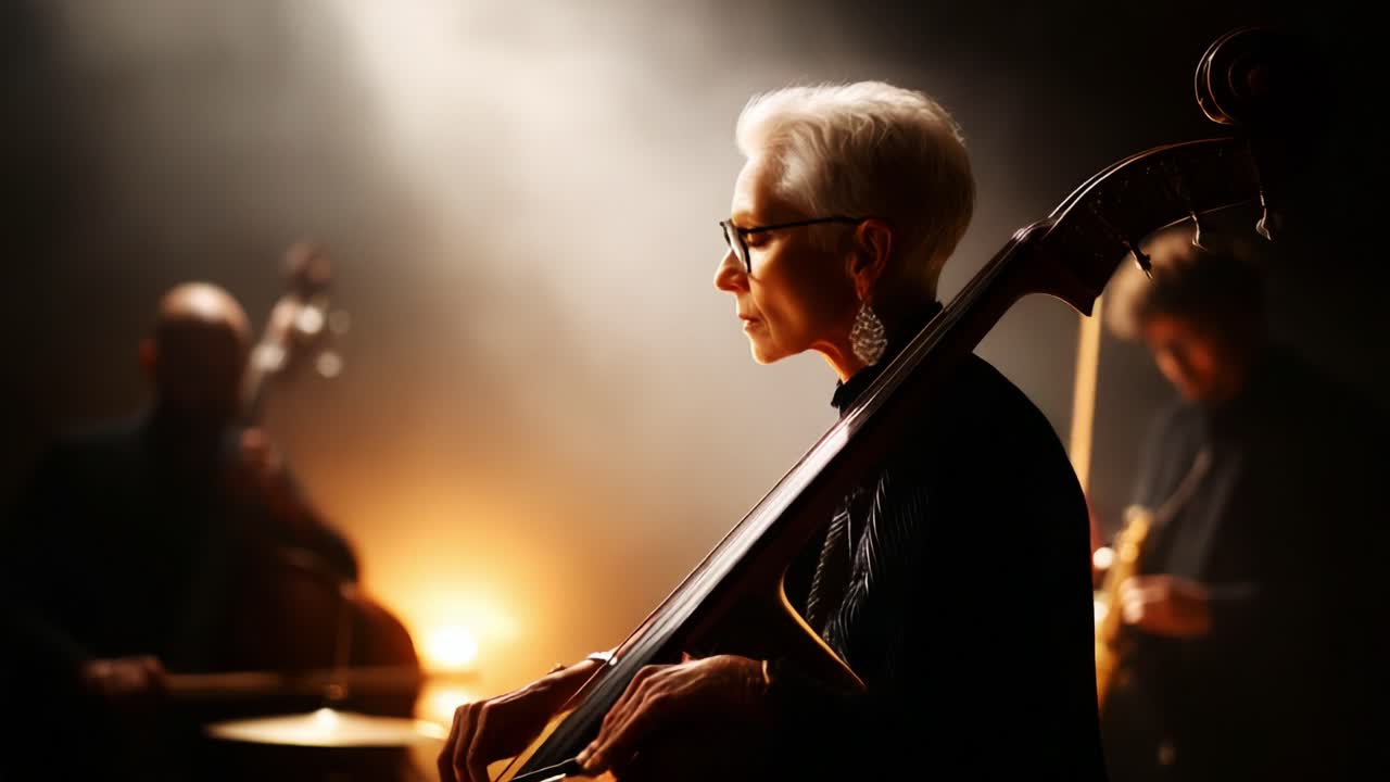 A captivating moment in jazz as a talented musician passionately plays the double bass, illuminated by soft stage lighting, creating an intimate musical atmosphere with fellow artists in the background