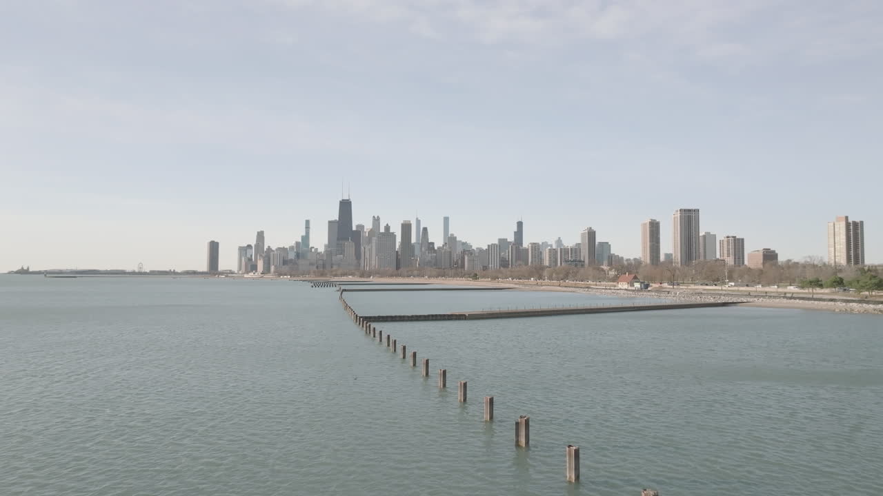 Aerial view of Chicago at sunrise. Shot on a spring morning along Lake Michigan.