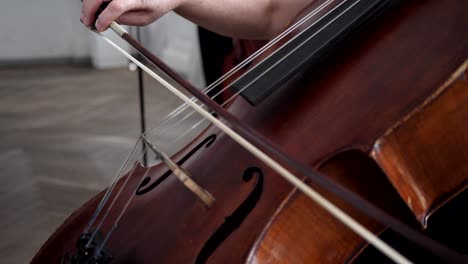 close-up of a double bass with a fiddle-bow, female hand playing on instrument