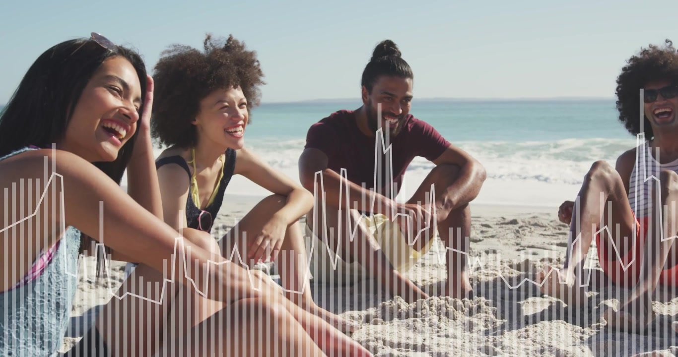 Waveform appearing friends on sand sharing chat turning to sound reaching tote frame tightening