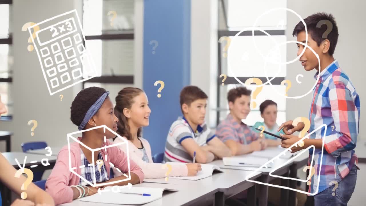 animación de iconos escolares sobre diversos escolares en el aula