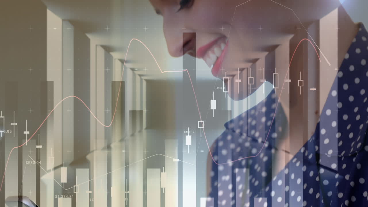 animación de estadísticas y procesamiento de datos sobre mujeres que usan teléfonos inteligentes