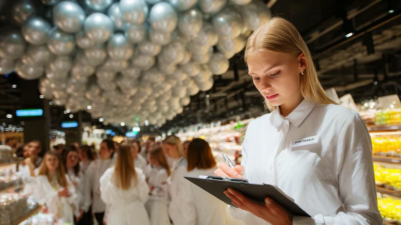 A focused young woman in a white shirt diligently taking notes on a clipboard in an elegantly decorated store with silver balloons, while people converse in the background