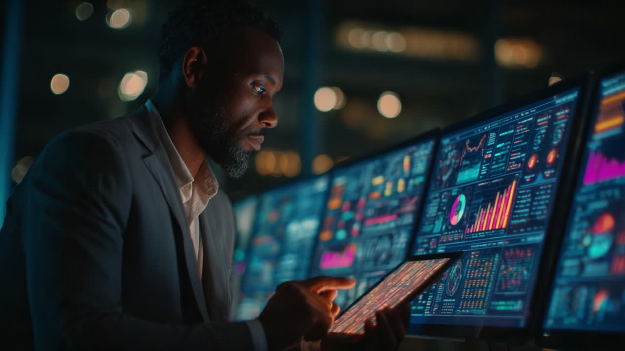 Focused Analyst Analyzing Data on Interactive Screens: The Journey of Insightful Decision-Making in a Modern, High-Tech Environment