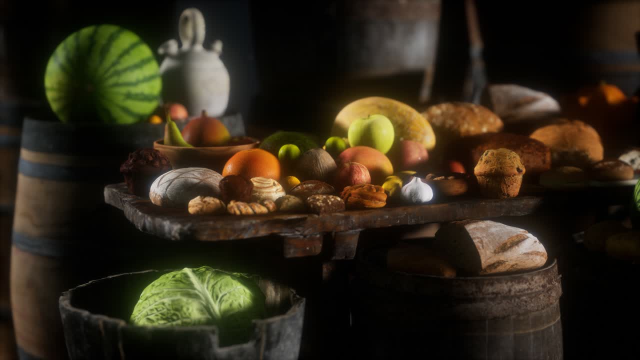 mesa de comida con barriles de vino y algunas frutas, verduras y pan