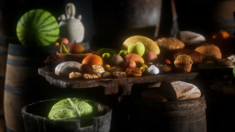 food table with wine barrels and some fruits, vegetables and bread