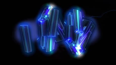 animation of glowing blue metallic rods floating, with electric currents on black background