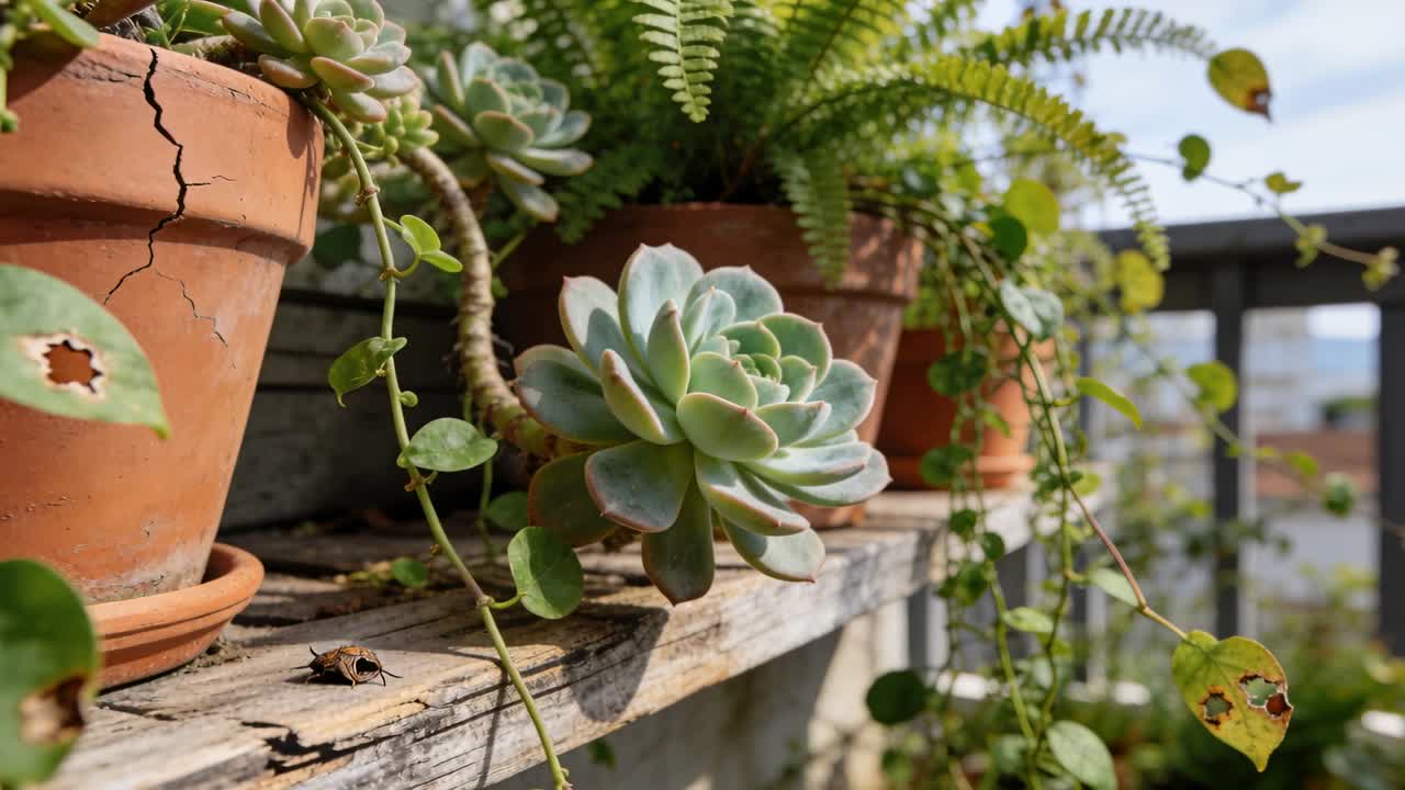 La telecamera si stringe, centrando una succulenta a rosetta, mettendo a fuoco, il sole che proietta un vaso crepato per decorazione.