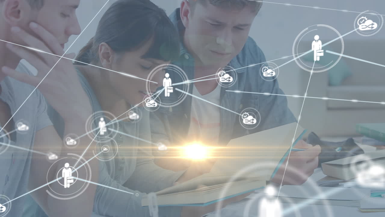 animación de una red de conexiones con iconos en un grupo diverso de estudiantes