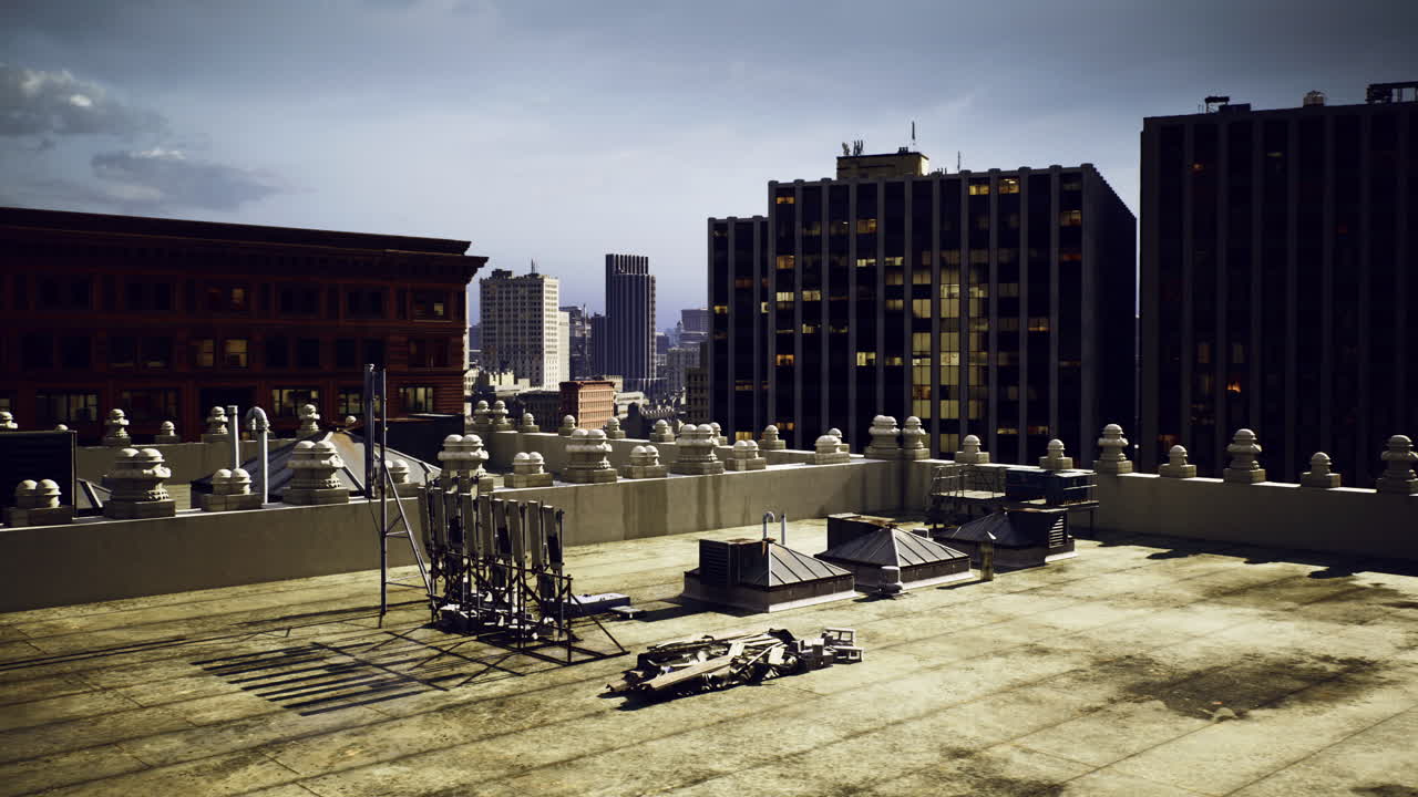 Daylight skyline view from a rooftop with construction materials