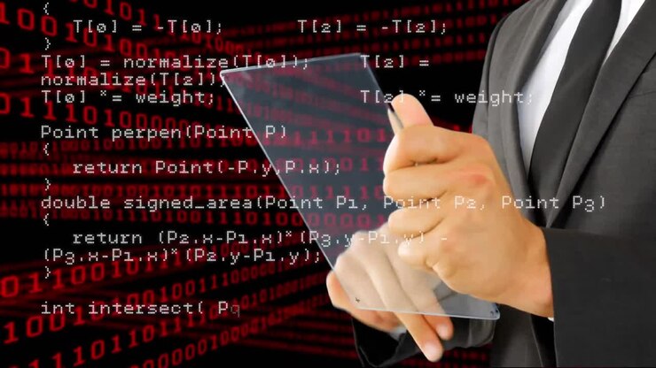 Businessman using a futuristic digital tablet