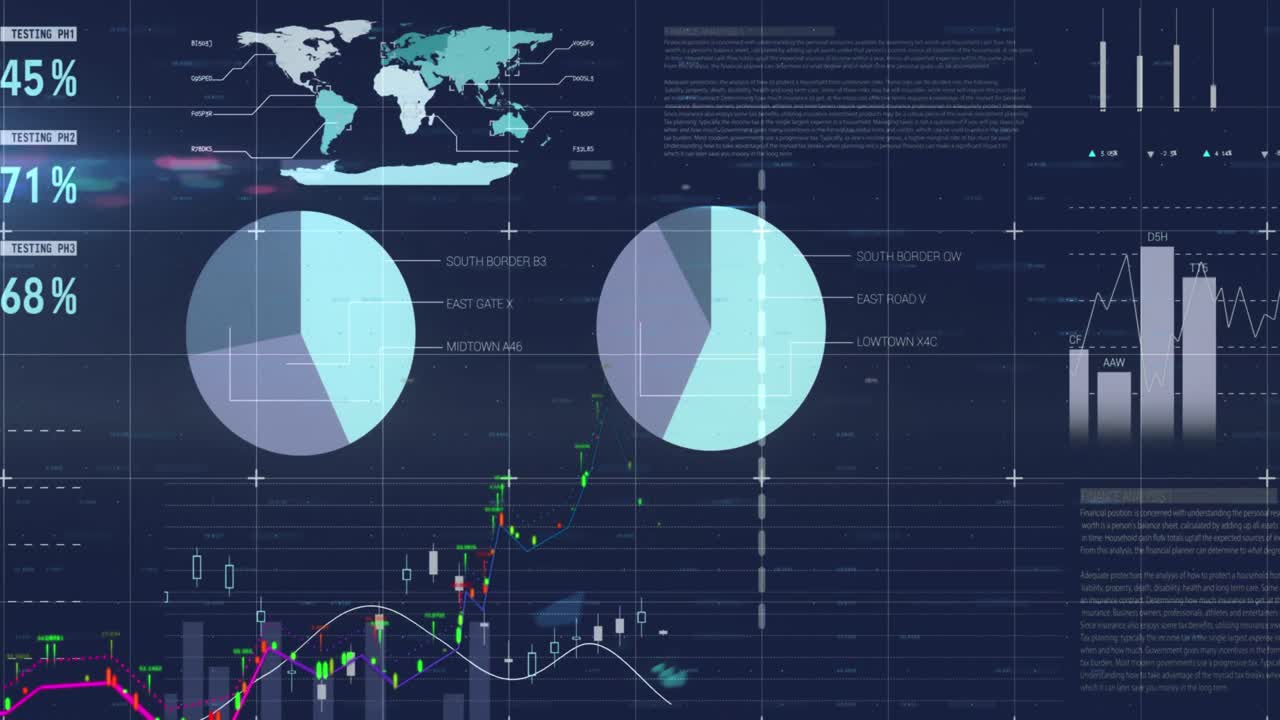 Animation of multicolored infographic interface over multiple graphs with changing numbers