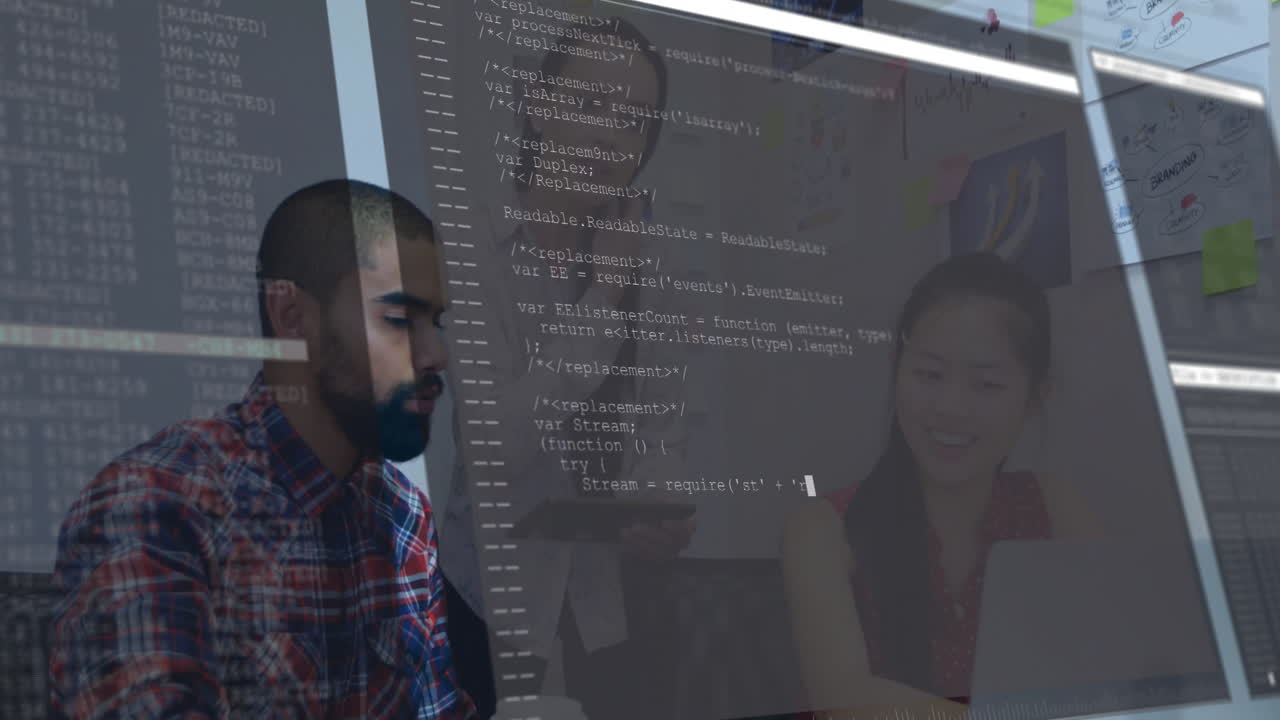 Team reviewing code in tech office, showing animated JavaScript overlay with flowcharts