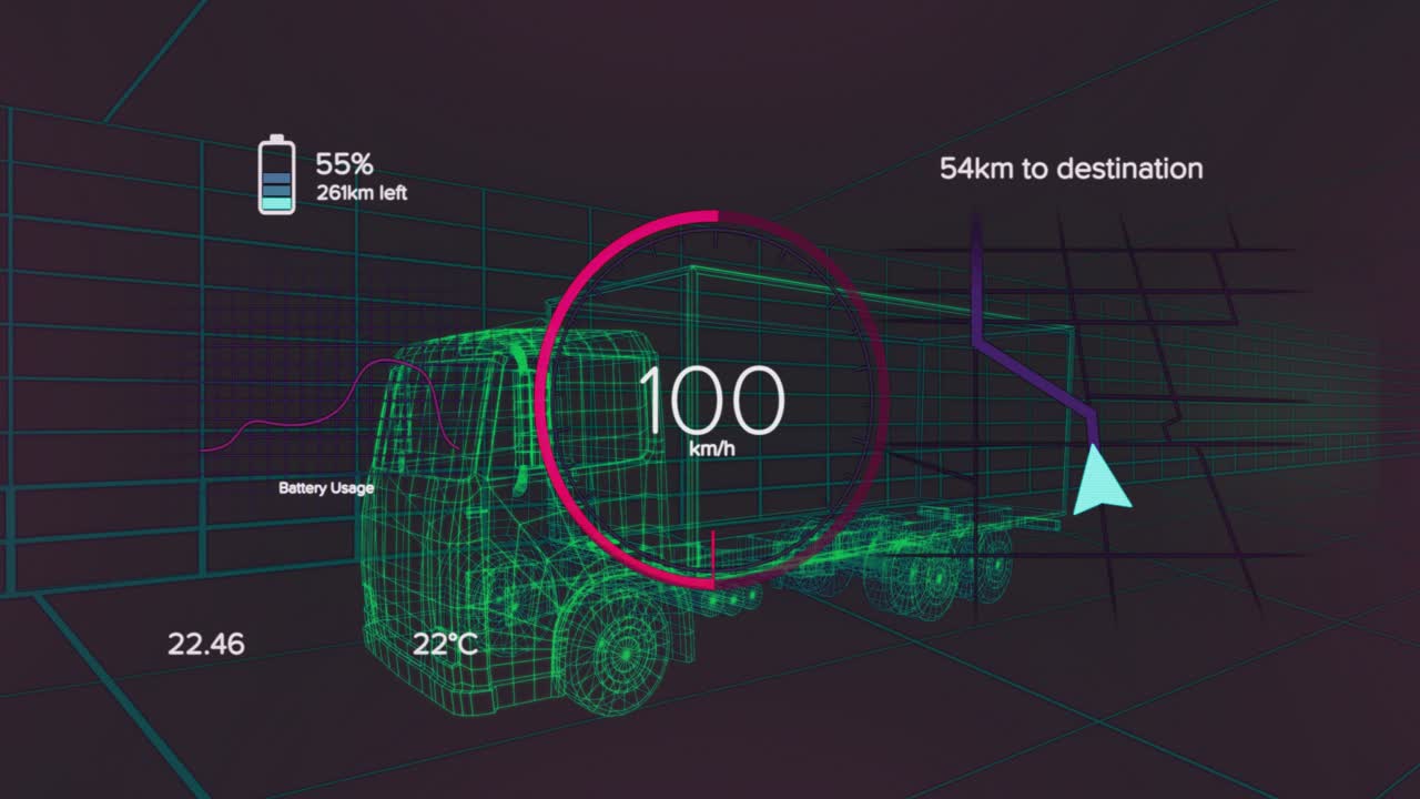 When simulation starts wireframe truck accelerating on grid with gauge moving to show speed changes
