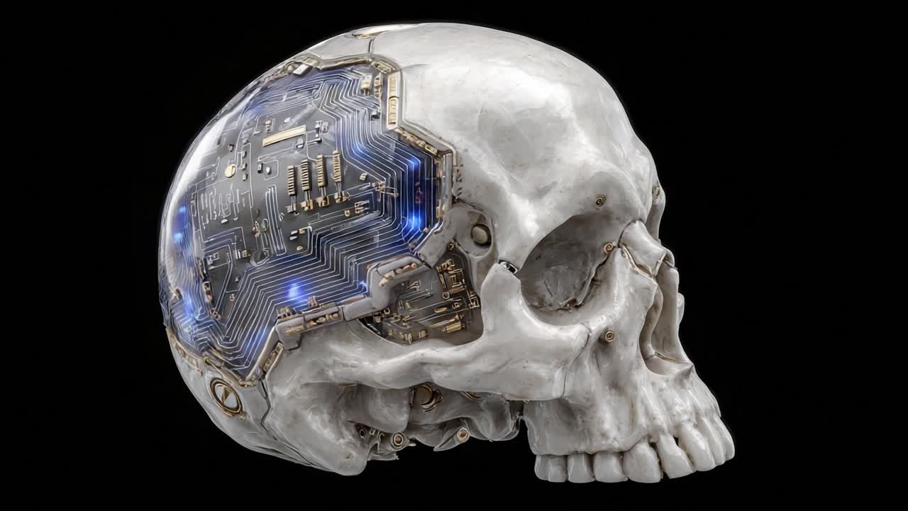 Una fusione futuristica di tecnologia e biologia: Un esame dettagliato di un cranio con circuiti elettronici incorporati, che unisce passato e presente in modo innovativo