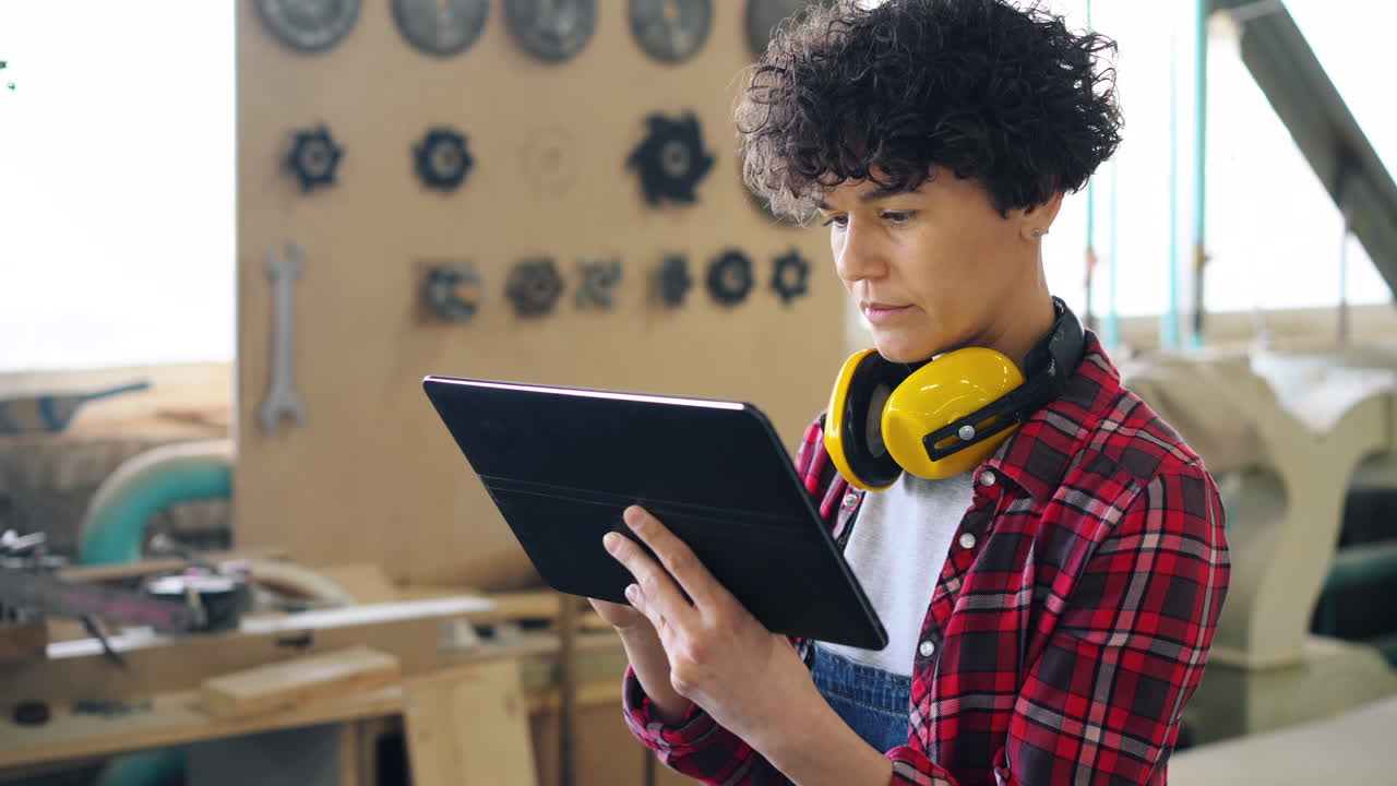 Woman Carpenter Using Tablet in Workshop