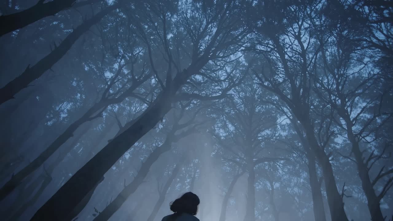 A mysterious video scene with a low-angle shot of a person in a foggy forest, surrounded by tall