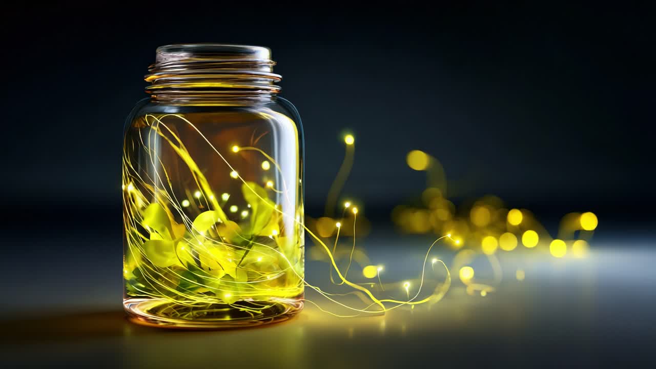 A mesmerizing glass jar filled with glowing yellow lights and ethereal tendrils, casting a magical ambiance that ignites imagination and creativity in a dark background setting
