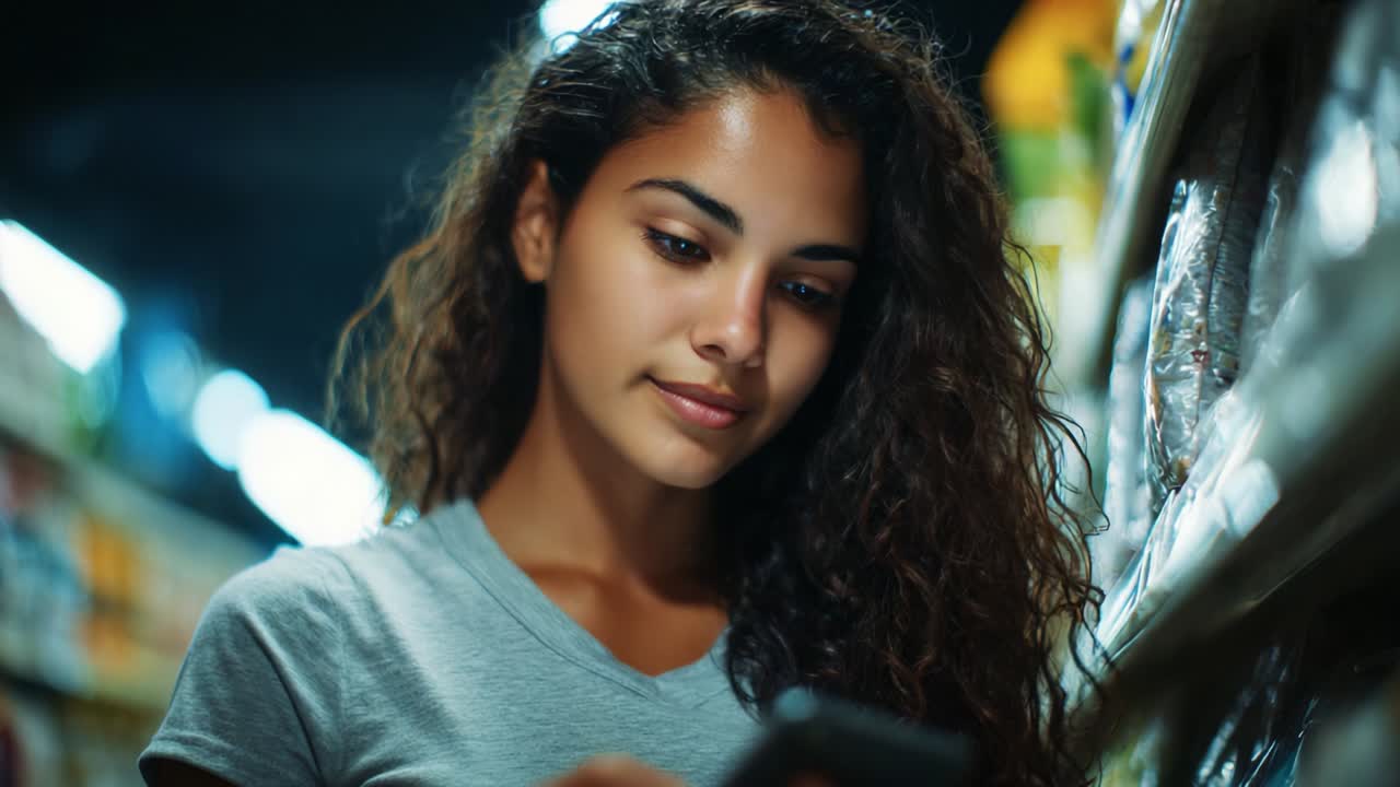 A young woman with curly hair is engrossed in her smartphone while shopping in a grocery store aisle, highlighting the modern experience of balancing technology and daily life activities