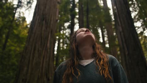 Cute-girl-looks-skyward-amidst-the-majesty-of-a-redwood-forest