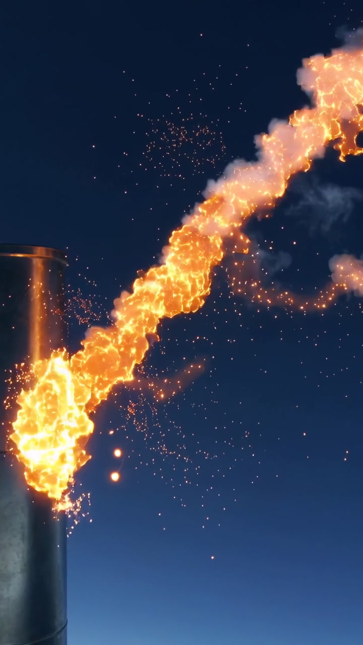 Vertical video: Ignition at metal stack nozzle producing flame into night sky, pulsing into smoke
