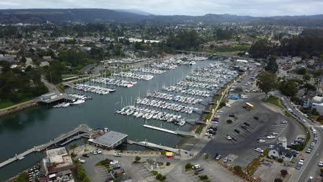 aerial view toward the santa cruz harbor, in cloudy california, usa