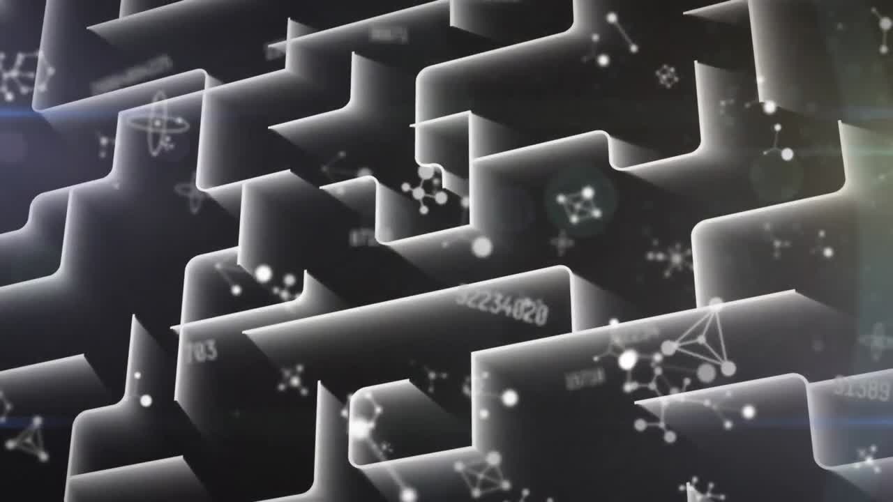 múltiples números cambiantes y estructuras moleculares flotando contra formas 3d en fondo negro