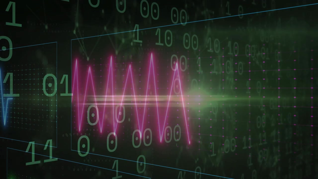 Binary digits and colored waveforms pulsing, scrolling, panning on start to visualize data flow