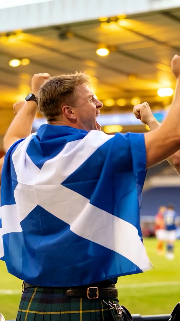 Video verticale: Uomo esultante che indossa la Saltire e un kilt, alza le braccia e urla dopo un'azione in tribuna.