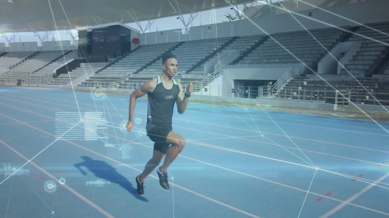 Male athlete launching into sprint on start signal overlaying sports performance heart rate metrics