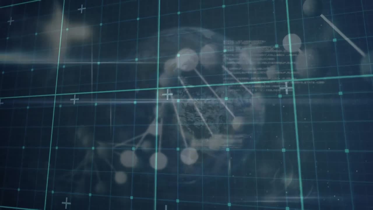 파란색 배경의 지구에 대해 회전하는 dna 구조 위의 그리드 네트워크의 애니메이션