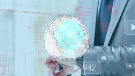 animación del reloj y los iconos de las redes sociales en la sección media del hombre de negocios que usa el reloj inteligente.
