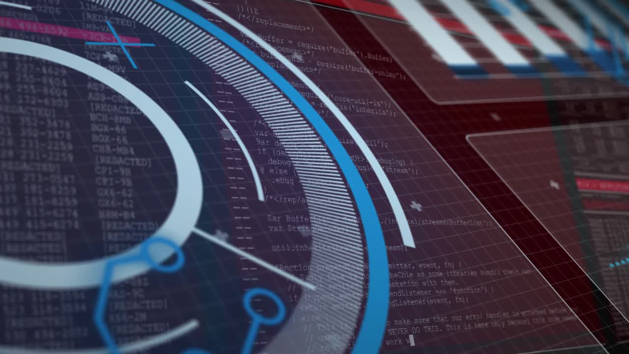 Camera panning, circular HUD rotating and scanning, revealing code and panels for monitoring