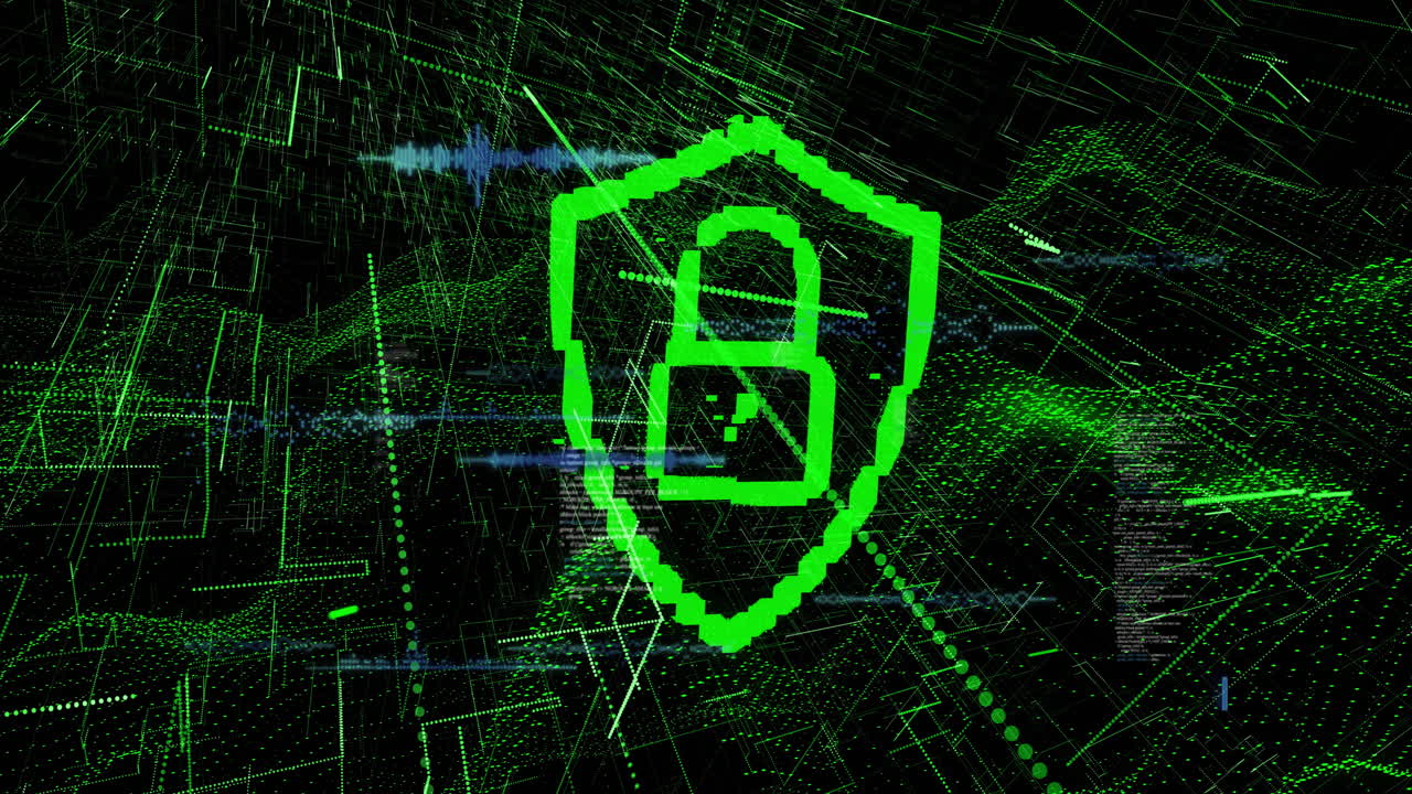 escudo verde con el número nueve, animación de ciberseguridad sobre el fondo de la red digital