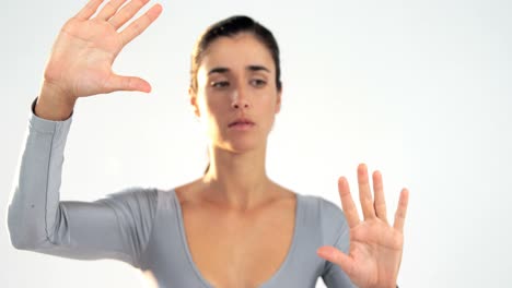 woman gesturing on white background