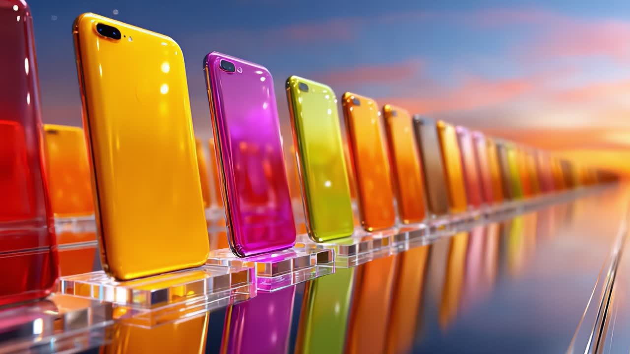 Vibrant Display of Colorful Mobile Devices Against a Striking Sunset Background, Showcasing a Range of Design Elements and Hues from Various Angles in a Modern Setting
