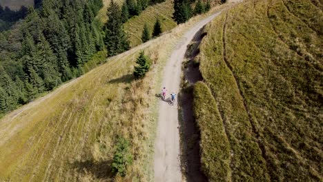 imágenes aéreas de dos bicicletas de montaña yendo rápido cuesta abajo