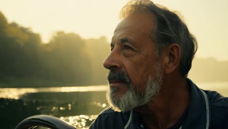un hombre con barba sonríe y mira hacia el lago durante la puesta de sol