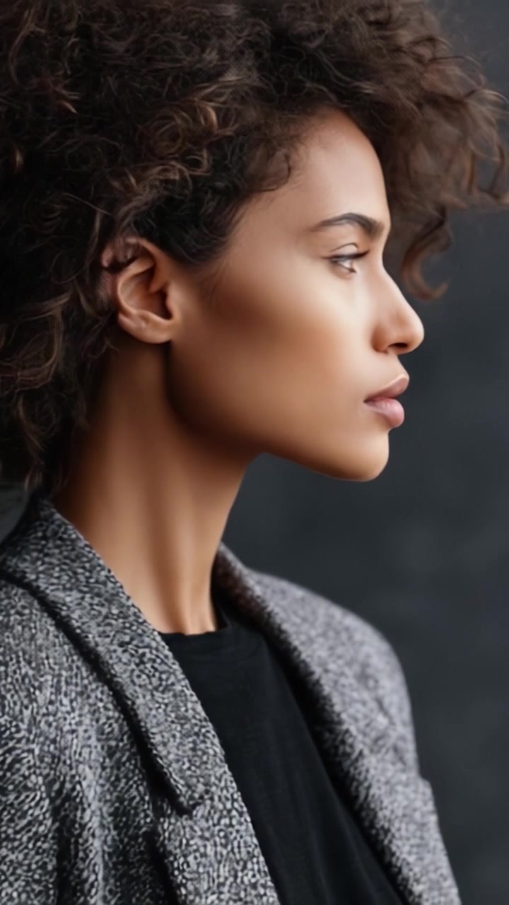 Ritratto di Profilo: Una Splendida Rappresentazione della Bellezza Naturale con Lineamenti Definiti e Capelli Eleganti Che Enfatizzano Grazia e Stile