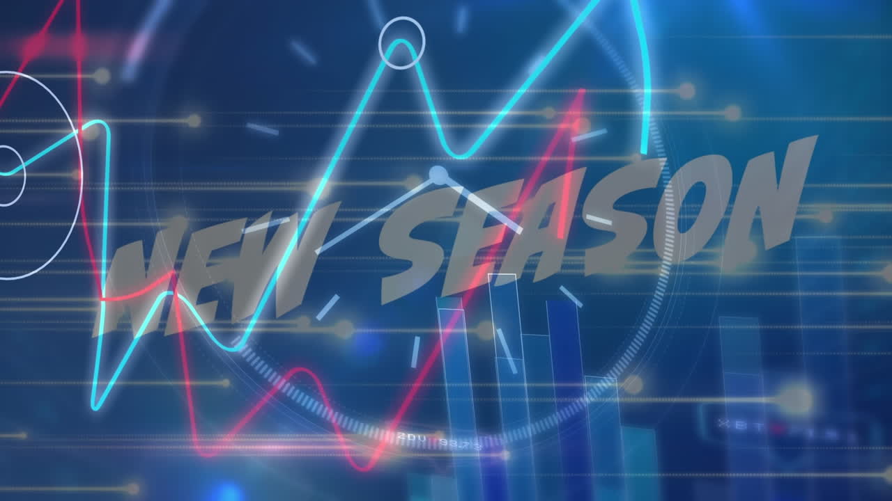 새로운 시즌 텍스트의 애니메이션 데이터 처리 및 검은색 배경의 시계