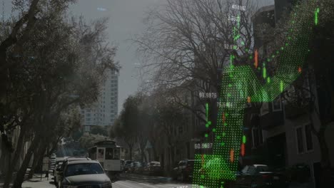 animation of line graphs with numbers over tram moving on tramway amidst cars parked on road in city