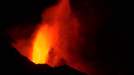 magmatic eruption crater with lava jets and pyroclasts during the night, la palma, slowmotion