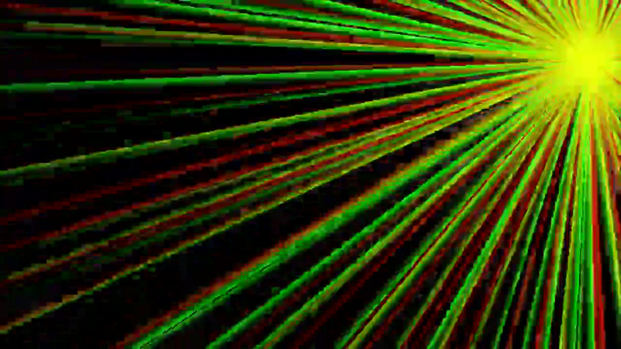 Raggi di luce neon colorati che si irradiano su sfondo nero in animazione 3D, ruotando in direzioni opposte in un loop di movimento continuo.