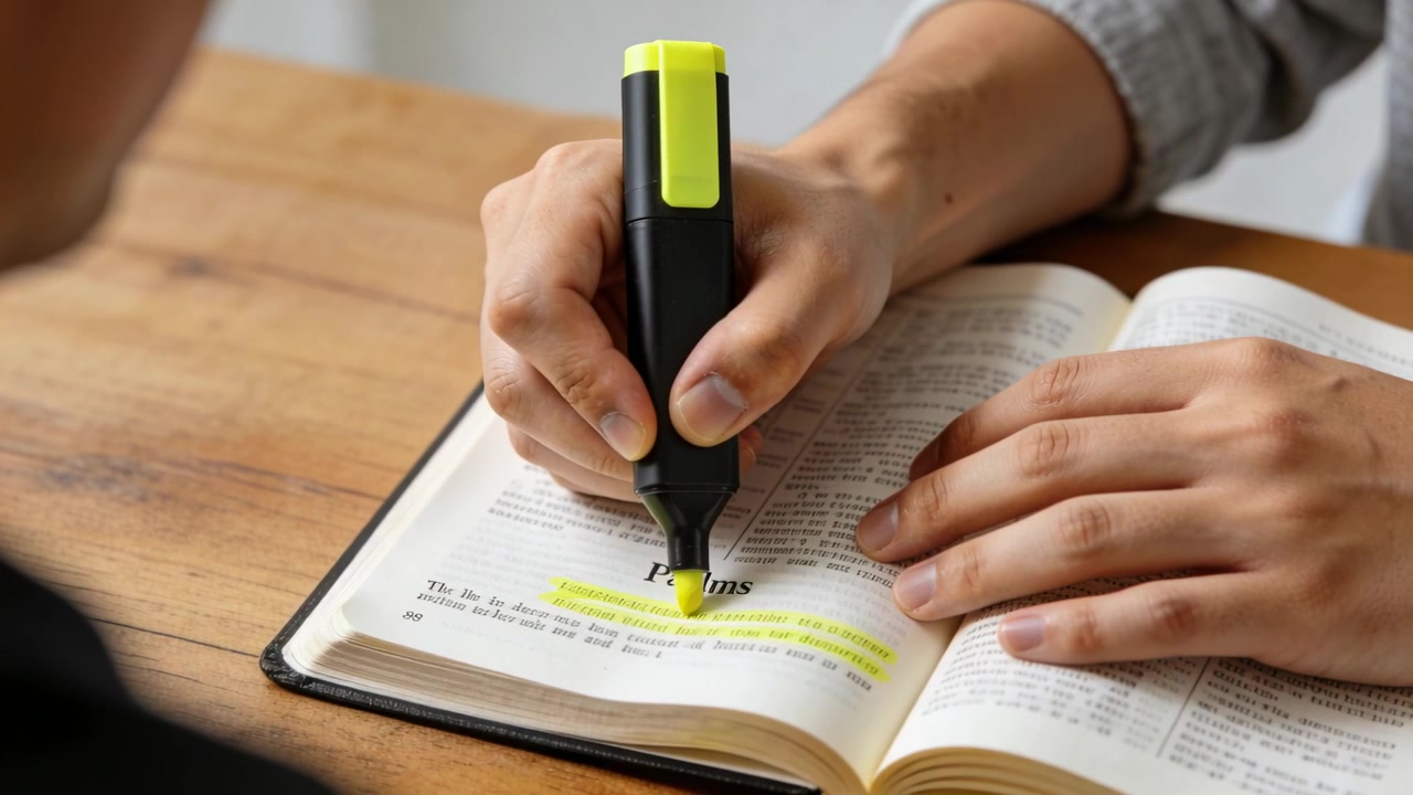 Placing yellow highlighter, reader's hands marking Psalms line at table for study, checkered sleeve