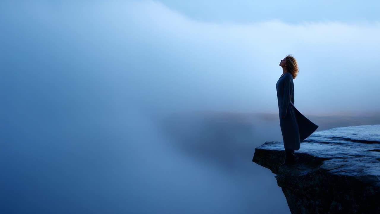 A woman stands on the edge of a cliff, embracing the serene beauty of nature as fog envelops the scene, embodying freedom, strength, and contemplation amidst the mystery
