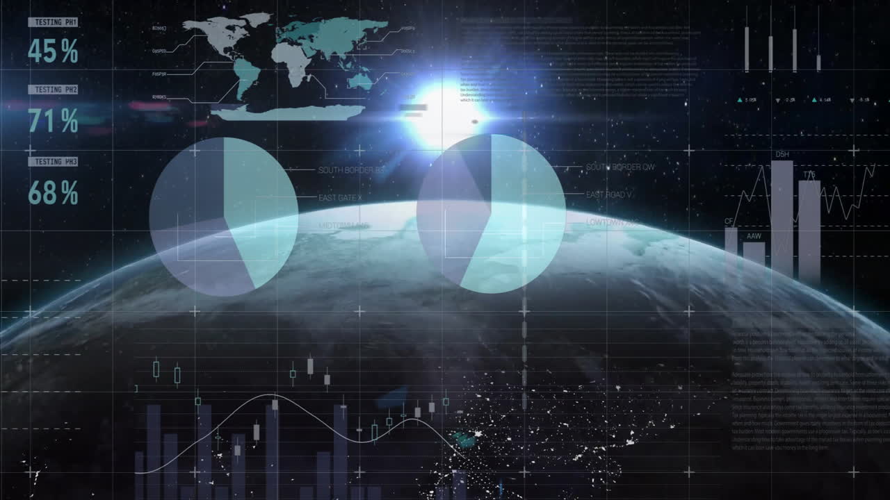 Earth horizon being visualized with 3D render HUD overlay, displaying bar graphs and pie charts